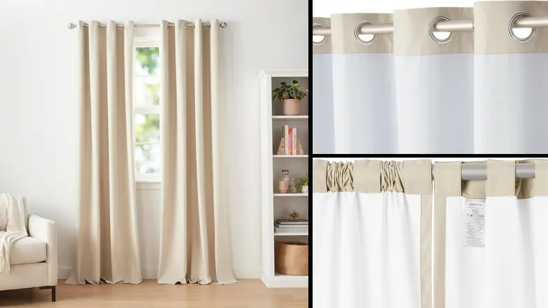 Amazon Basics Room Darkening Blackout Curtains, with details of grommets at top and back loops below.