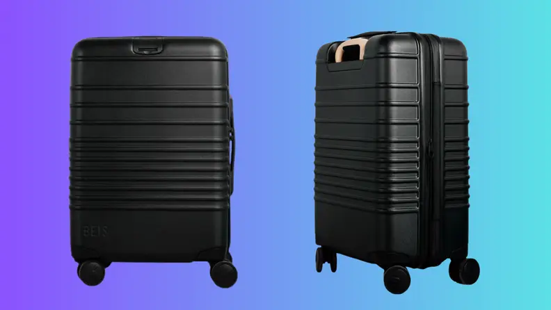 Two pieces of luggage on a purple and blue background