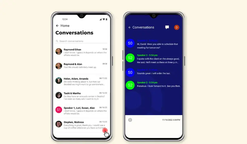 a screenshot of an xrai glass transcription on two smartphones
