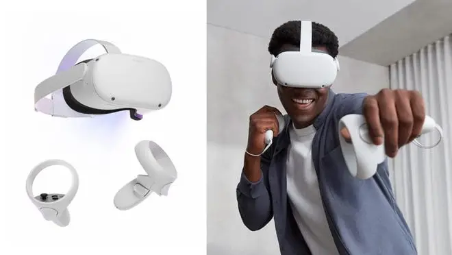 Person using VR headset to play. On left, white VR headset and hand controllers.