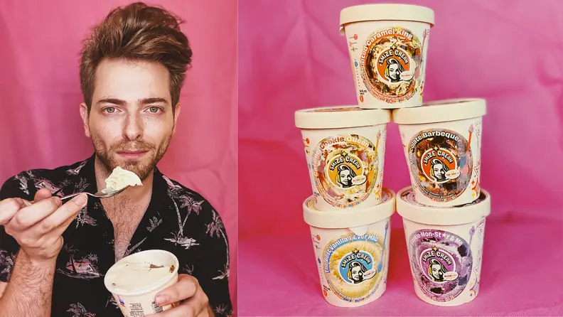 (1) A person holds a spoonful of ice cream to their mouth. (2) A stack of five ice cream containers.