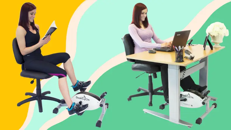 Two people use the DeskCycle.