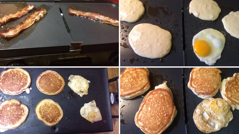 Making pancakes, bacon, and eggs to test electric griddles