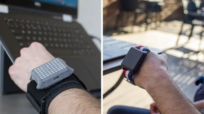 Two pictures of a person wearing a Feathertail mouse on their hand and wrist.