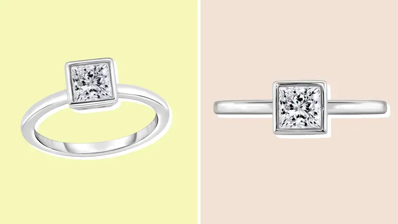 Collage of an engagement ring shown from two different angles at Jared.