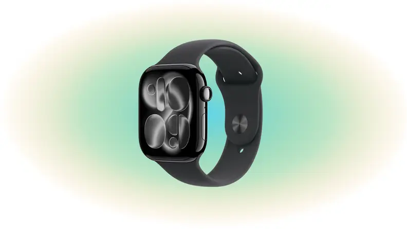 A black Apple Watch sits on a green ellipsis