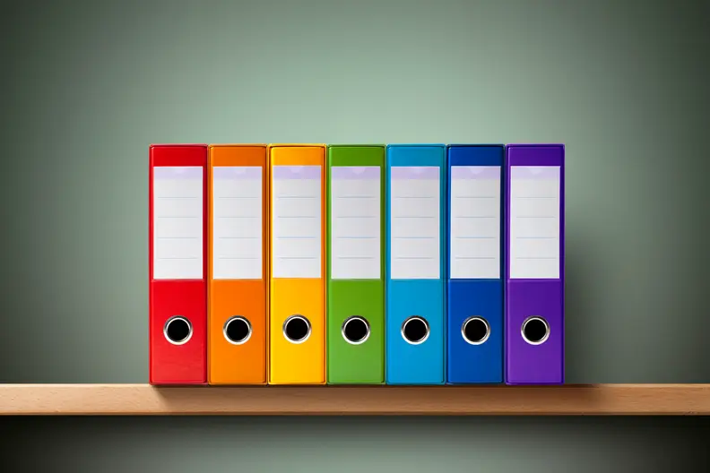 Seven ring binders on the shelf.