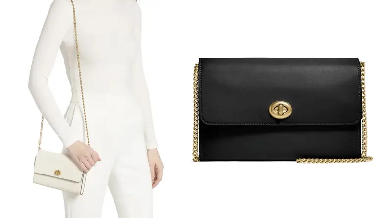 On left, woman wearing all white outfit displaying the Coach Marlow Leather Crossbody Bag on her shoulder. On right, product shot of the black Coach Marlow Leather Crossbody Bag.