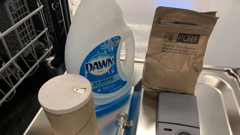 DIY dish detergent recipe ingredients: Dawn dish soap, baking soda, and salt