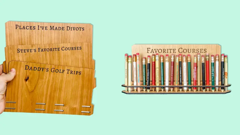 Wall golf pencil holder on light green backgrounds.