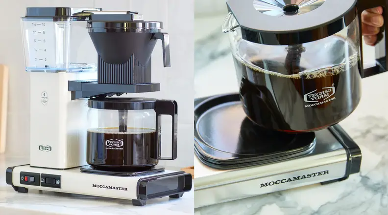 Split screen image. On left, our favorite coffee maker. On right, a close up of a hand lifting the coffee carafe