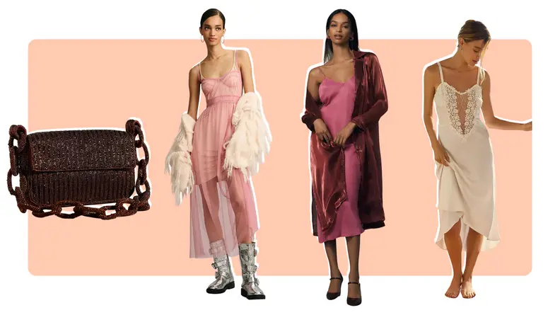 A rhinestone encrusted bag, a pink sheer dress, a model wearing a mauve coat, and a model wearing a white slip dress.