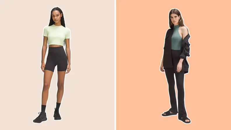 A collage of two people modeling styles from the Lululemon Wundermost Collection.