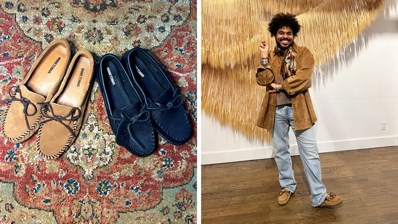 A man wearing brown moccasins with jeans and a suede jacket, also a photograph of two pairs of shoes on a rug.
