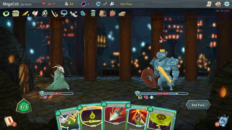 A screenshot of Slay the Spire, showing the  Silent playable character going against a giant knight boss, with several cards in the player's hands.