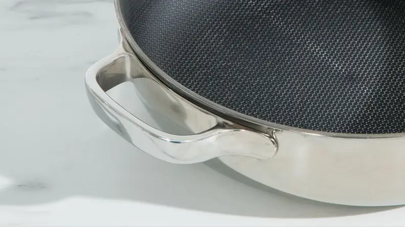 Close up shot of the titanium exterior of the Always Pan Pro.