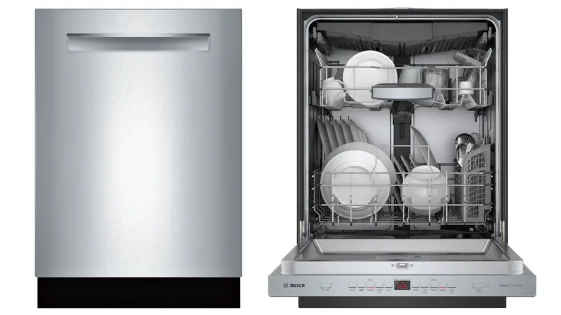 The Bosch SHPM65Z55N dishwasher shown opened and closed on a white background.