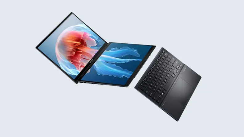 An Asus Zenbook Duo laid sideways with a jellyfish on its two screens.
