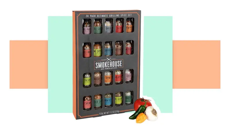 A grilling spice set in front of a background.