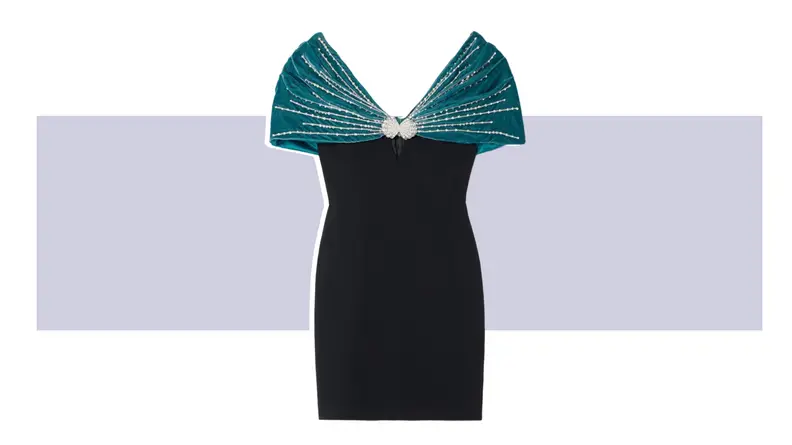 An off-the-shoulder dress with high leg slit, in ombre fabric that transitions from black to brown.