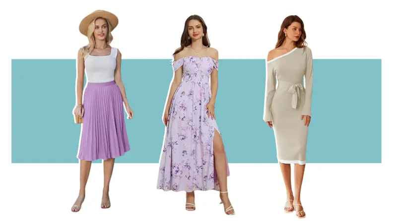A cream sweater dress, a purple floral dress, and a purple pleated skirt.