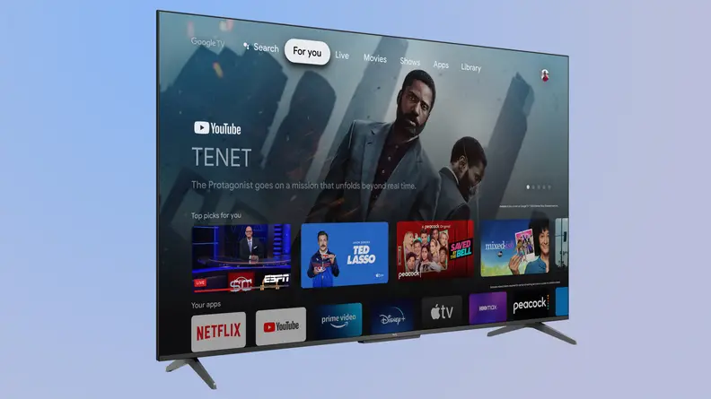 The TCL 5-Series with Google TV displaying the Google TV home screen