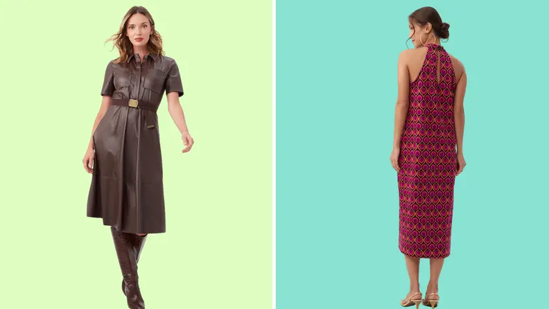 Two models in front of a background wearing Trina Turk dresses.
