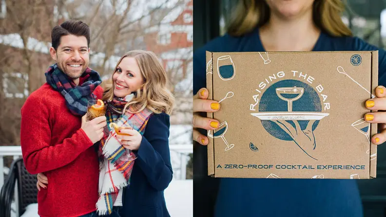 A promo picture of a couple enjoying a Raising the Bar drink and a shot of someone holding up a package from Raising the Bar.