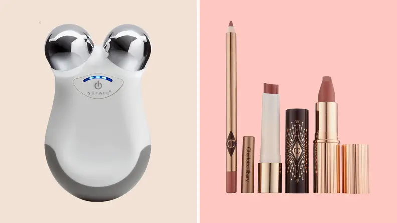 A face massager on the left against a grey background. A collection of Charlotte Tillbury cosmetics on the right against a pink background.
