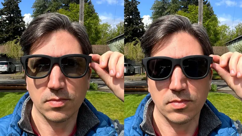 A man is doubled on the page standing in a green neighborhood with the Dusk sunglasses on low tint and full tint back to back.