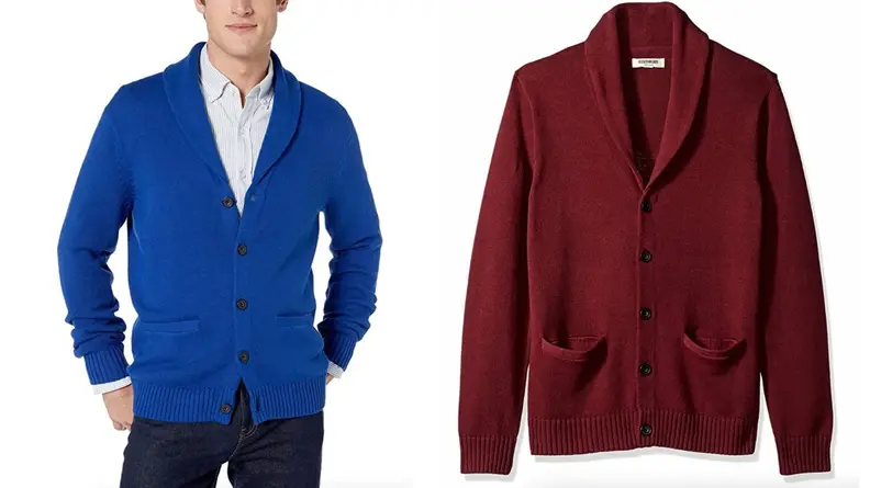 Man wearing blue shawl cardigan by Amazon Goodthreads, photo of red shawl cardigan by Amazon Goodthreads.
