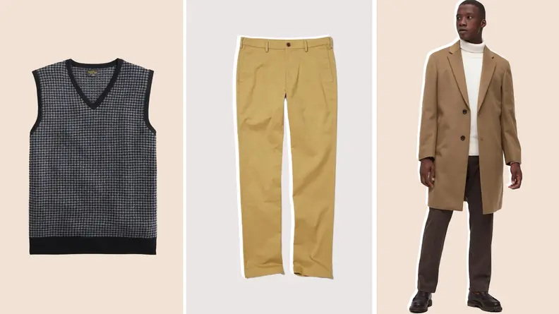 Collage of a houndstooth gray sweater vest, khaki pants, and a brown mid-length wool coat.