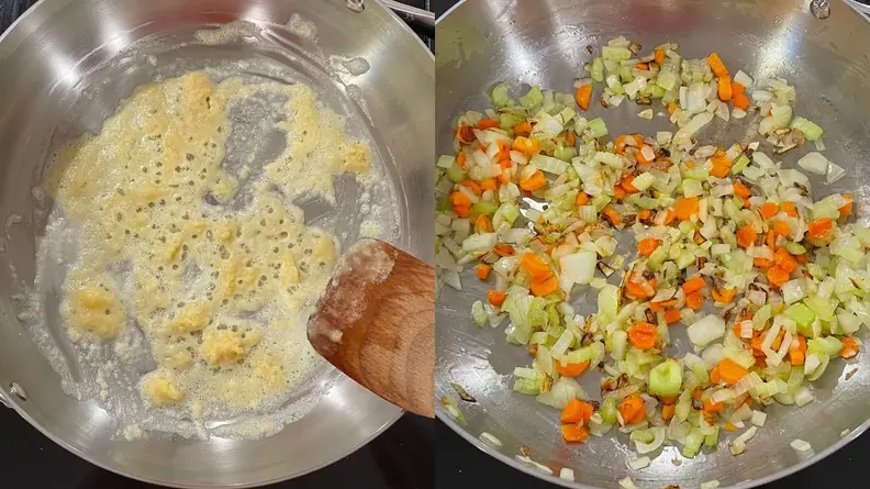 Minced garlic and chopped vegetables being sautéed inside of frying pan.