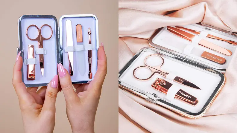 On the left: A pair of hands holds up a travel nail kit. On the right: Rose gold nail tools strapped into a travel case.
