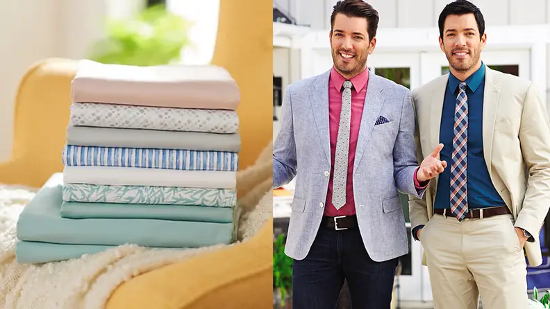 Left: bedding folded up, Right: property brothers smiling