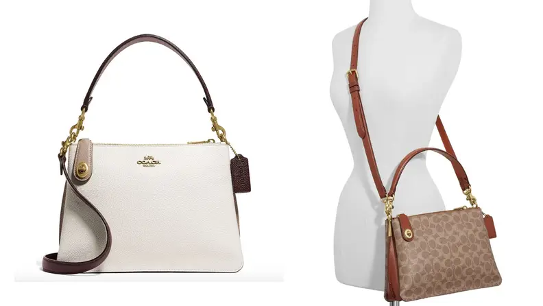 On left, cream, white and tan Coach Turnlock Clasp Satchel purse. On right, cream, white and tan Coach Turnlock Clasp Satchel purse being displayed on white mannequin.