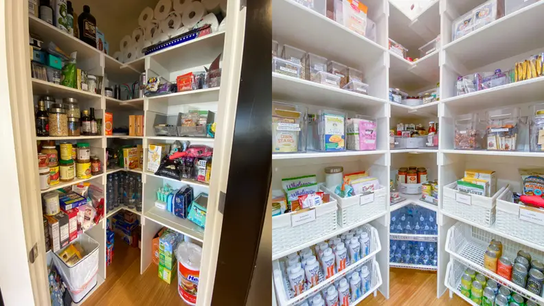 Before and after photographs of a pantry.