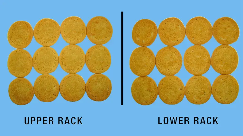 A side-by-side image of two batches of cookies baked on different racks of the GE Cafe C2Y486P3TD1.