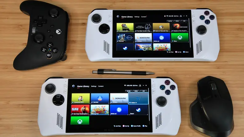 The Asus ROG Ally Z1 and Asus ROG Z1 Extreme handheld gaming PC's, side-by-side, next to black remote controllers.