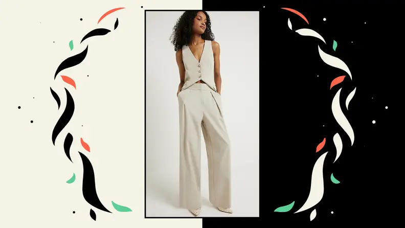 A pale green vest and coordinating wide-leg trousers.