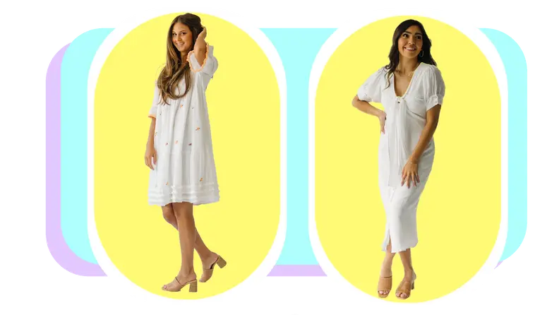 Models pose while wearing white nursing dresses from Piper and Scoot.