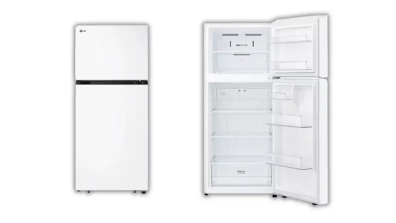 A white refrigerator closed and open on a white background