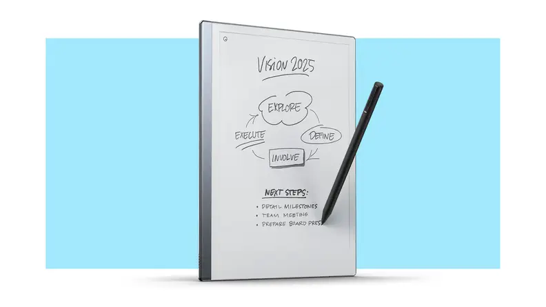 A ReMarkable 2 tablet on a blue and white background