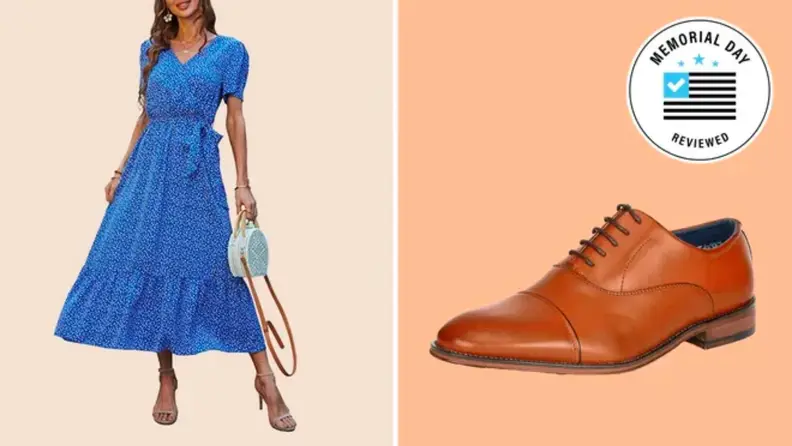 A collage showing a person wearing a long blue dress shown next to a leather dress shoe.