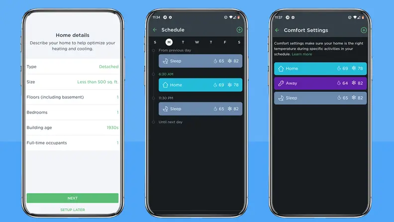 The Ecobee setup menu is shown alongside comfort zone settings and scheduling settings.