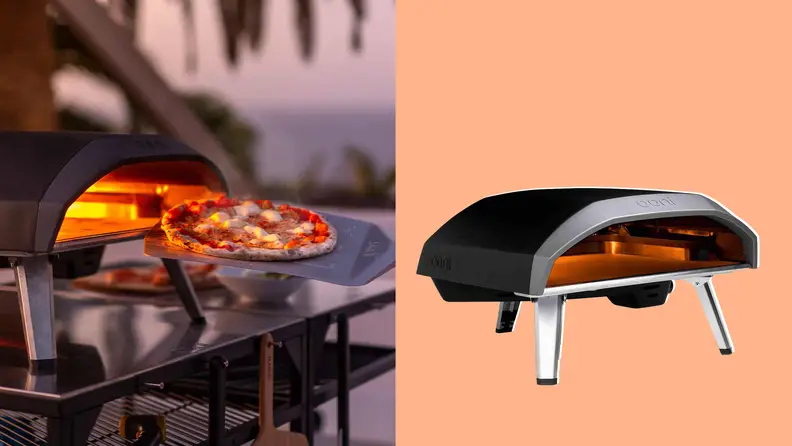 Photo of ooni koda 16 pizza oven being used next to a stand alone photo of the koda on a pink background