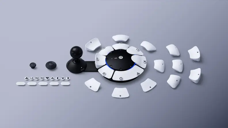 The white PS5 Access Controller deconstructed to display each of the controller's buttons and functions.