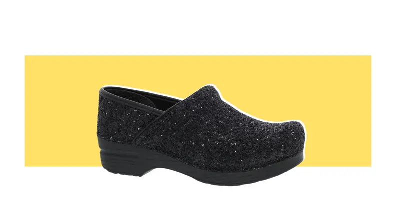 Glittery black clogs.