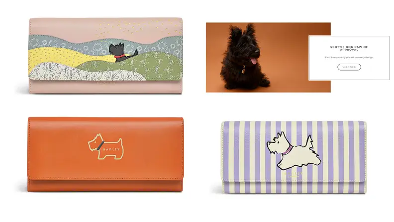 Four different Radley London wallets with illustrations of dogs on them.
