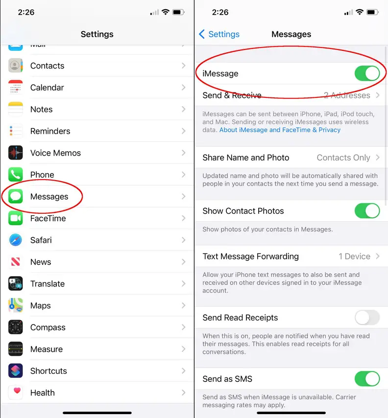 A screenshot of the iMessage settings